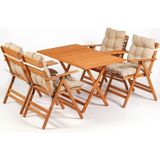 Minderli Loretta Masa Sandalye Seti 4+1 Ahşap Bahçe Balkon Teras Katlanır Set 120x70 Cm Krem