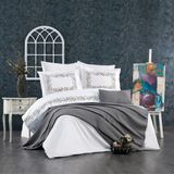 Minelya Home 8 Parça Lastikli Çarşaflı, Pamuk Pikeli ve Nakışlı Luna Çift Kişilik Nevresim Takımı - 200 x 220 cm - Gri