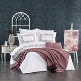 Minelya Home 8 Parça Lastikli Çarşaflı, Pamuk Pikeli ve Nakışlı Luna Çift Kişilik Nevresim Takımı - 200 x 220 cm - Gül Kurusu