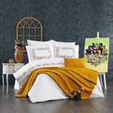 Minelya Home 8 Parça Lastikli Çarşaflı, Pamuk Pikeli ve Nakışlı Luna Çift Kişilik Nevresim Takımı - 200 x 220 cm - Hardal