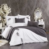 Minelya Home Collection 9 Parça Pamuklu Kadife Runner Örtülü Nakışlı Penna Nevresim Takımı - 200 x 220 cm - Gri