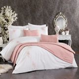 Minelya Home Collection 9 Parça Pamuklu Kadife Runner Örtülü Nakışlı Penna Nevresim Takımı - 200 x 220 cm - Pudra