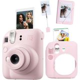 Mini 12 Pembe Fotoğraf Makinesi-20'li Film-Kıskaçlı Stand-Mini Albüm ve Silikon Kılıf Seti - Açık Bej