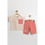 Mini Baray Çizgili Keten Gömlek+Şort Erkek Çocuk Yazlık Takımı 2-3-4-5 Yaş - %100 Pamuk Müslin Kumaş - 3 Yaş - Pembe