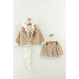 Mini Baray Kız Bebek Tişört, Etek ve Peluş Montlu 3’lü Takım Somon Renk 9-12-18 Ay - 12 Ay