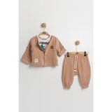 Mini Baray Zürafa Desenli 3'lü Erkek Bebek Takımı 9-12-18 Ay - Uzun Kollu Gömlek+Tişört+Müslin Şort Set - 12 Ay - Bej