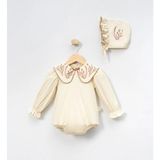 Mini Cayzen Baby Kız Bebek Yakası Nakışlı Ariana Romper Şapka 2'li Set - Bej - 6 - 9 Ay