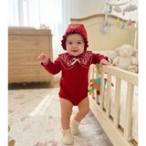 Mini Cayzen Baby Kız Bebek Yakası Nakışlı Ariana Romper Şapka 2'li Set - Kırmızı - 6 - 9 Ay