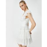 Mini Dantelli Elbise Bridal Kısa Tül Kol Kalp Yaka Astarlı