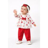Mini Kanka Çiçek Desenli Fırfırlı Kız Bebek 3’lü Takım – Fiyonklu Bluz Pantolon ve Saç Bantlı Set - Kırmızı - 6 - 9 Ay