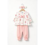 Mini Kanka Çiçek Desenli Fırfırlı Kız Bebek 3’lü Takım – Fiyonklu Bluz Pantolon ve Saç Bantlı Set - Pembe - 3 - 6 Ay