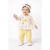 Mini Kanka Çiçek Desenli Fırfırlı Kız Bebek 3’lü Takım – Fiyonklu Bluz Pantolon ve Saç Bantlı Set - Sarı - 18 – 24 AY