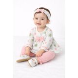 Mini Kanka Çiçek Desenli Fırfırlı Kız Bebek 3’lü Takım – Fiyonklu Bluz Pantolon ve Saç Bantlı Set - Şeftali - 8 - 12 Ay