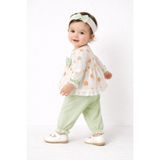 Mini Kanka Çiçek Desenli Fırfırlı Kız Bebek 3’lü Takım – Fiyonklu Bluz Pantolon ve Saç Bantlı Set - Yeşil - 18 – 24 AY