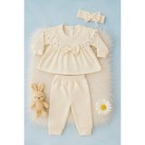 Mini Kanka Kız Bebek Fiyonklu 3’lü Takım Pamuklu Ribana Tunik Pantolon Saç Bandı Set 0-24 Ay - Beyaz - 6 - 9 Ay
