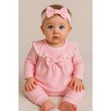 Mini Kanka Kız Bebek Fiyonklu 3’lü Takım Pamuklu Ribana Tunik Pantolon Saç Bandı Set 0-24 Ay - Pembe - 0 - 3 Ay
