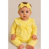Mini Kanka Kız Bebek Fiyonklu 3’lü Takım Pamuklu Ribana Tunik Pantolon Saç Bandı Set 0-24 Ay - Sarı - 3 - 6 Ay