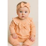 Mini Kanka Kız Bebek Fiyonklu 3’lü Takım Pamuklu Ribana Tunik Pantolon Saç Bandı Set 0-24 Ay - Şeftali - 12 – 18 AY