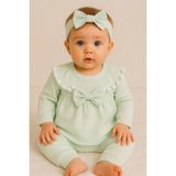 Mini Kanka Kız Bebek Fiyonklu 3’lü Takım Pamuklu Ribana Tunik Pantolon Saç Bandı Set 0-24 Ay - Yeşil - 9 - 12 Ay