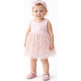 Mini Kanka Kız Bebek Pembe-Beyaz Papatya Desenli Tül Elbise Zıbın Çiçek Aplikeli, Şık Yazlık Bebek Elbisesi - 1 -1,5 Yaş