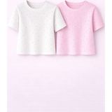 Mini Kanka Kız Çocuk 2’li Tişört Seti Pamuklu Kısa Kollu Bisiklet Yaka Ribanalı Taşlı Detaylı Şık Günlük Çocuk Giyim - Beyaz - Pembe - 9 - 10 Yaş