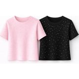 Mini Kanka Kız Çocuk 2’li Tişört Seti Pamuklu Kısa Kollu Bisiklet Yaka Ribanalı Taşlı Detaylı Şık Günlük Çocuk Giyim - Siyah-Pembe - 8 - 9 Yaş