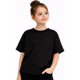 Mini Kanka Kız Çocuk Kısa Kollu Tişört Pamuklu Bisiklet Yaka Ribanalı Taşlı Detaylı Şık Günlük Çocuk Giyim - Siyah - 4 - 5 Yaş