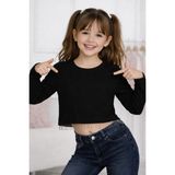 Mini Kanka Kız Çocuk Uzun Kollu Fitilli Crop Tişört Zincir Detaylı Bluzz - Siyah - 5 - 6 Yaş