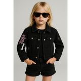 Mini Kanka Unisex Çocuk Siyah Denim Crop Ceket Nakış ve Yıpratma Detaylı Modern Tasarım - 8 - 9 Yaş
