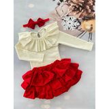 Mini Kids Kız Bebek Yakası Fırfırlı Body Şort Etek Bandana Takım - 1 - 1,5 Yaş - 240-Kırmızı