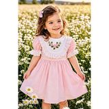 Mini Kiti Kız Çocuk Bebek Fistolu Çiçek Nakışlı Astarlı Vintage Şık Bayram Doğumgünü Özel Gün Pembe Elbise - 3 Yaş - 00-Pembe