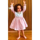Mini Kiti Pembe Beyaz Fistolu Nakışlı Uzun Kollu Vintage Kız Çocuk Elbise Bayram Doğumgünü Özel Gün Elbisesi - 00406 Pembe - 3 Yaş