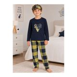 Mini night Erkek Çocuk Pamuklu Kışlık Polar Pijama Takımı Uyku Bantlı Geyik Desenli Lacivert Renk