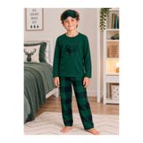 Mini night Erkek Çocuk Pamuklu Polar Kışlık Pijama Takımı Uyku Bantlı Geyik Desenli Yeşil Renk