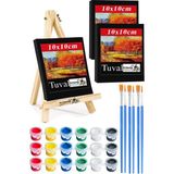Mini Şövale 10X10 cm Siyah Tuval 3 ml Akrilik Boya 6 Renk ve Fırça Mini Siyah Tuval Masaüstü Küçük Şövale Boyama Seti - Standart