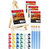 Mini Şövale 10X10 cm Tuval 3 ml Akrilik Boya 6 Renk ve Fırça 4 Adet 10X10 Mini Tuval Masaüstü Küçük Şövale Boyama Seti - Standart - Beyaz