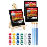 Mini Şövale 15X15 Cm Siyah Tuval 3 Ml Akrilik Boya 6 Renk Ve Fırça Mini Siyah Tuval Masaüstü Küçük Şövale Boyama Seti