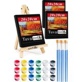 Mini Şövale 20X20 cm Siyah Tuval 3 ml Akrilik Boya 6 Renk ve Fırça Mini Siyah Tuval Masaüstü Küçük Şövale Boyama Seti - Standart