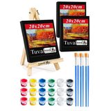 Mini Şövale 20X20 Cm Siyah Tuval 3 Ml Akrilik Boya 6 Renk Ve Fırça Mini Siyah Tuval Masaüstü Küçük Şövale Boyama Seti