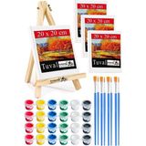 Mini Şövale 20X20 cm Tuval 3 ml Akrilik Boya 6 Renk ve Fırça 4 Adet 20X20 Mini Tuval Masaüstü Küçük Şövale Boyama Seti - Standart - Beyaz