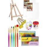 Mini Şövale 25X35 2 Li Tuval Fanart 12 Renk Akrilik Boya Başlangıç Seti Fırça Palet Ponpon Su Kabı Masaüstü Sanatsal - Çok Renkli