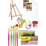 Mini Şövale 25X35 2 Li Tuval Fanart 12 Renk Akrilik Boya Başlangıç Seti Fırça Palet Ponpon Su Kabı Masaüstü Sanatsal