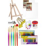 Mini Şövale 25X35 2 Li Tuval Fanart 12 Renk Yağlı Boya Başlangıç Seti Fırça Palet Ponpon Su Kabı Masaüstü Sanatsal - Çok Renkli