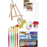 Mini Şövale 25X35 2 Li Tuval Mydido 12 Renk Akrilik Boya Başlangıç Seti Fırça Palet Ponpon Su Kabı Masaüstü Sanatsal - Çok Renkli