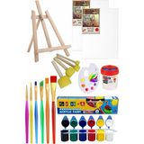 Mini Şövale 25X35 2 Li Tuval Mydido 6 Renk Akrilik Boya Başlangıç Seti Fırça Palet Ponpon Su Kabı Masaüstü Sanatsal - Çok Renkli