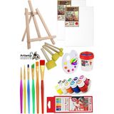 Mini Şövale 25X35 2 Li Tuval Südor 10 Renk Guaj Boya Başlangıç Seti Fırça Palet Ponpon Su Kabı Masaüstü Sanatsal - Çok Renkli