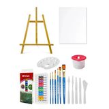 Mini Şövale Akrilik Boya Seti 9 Ml 12 Renk Tuval Seti 25X35 Plastik Spatula Seti