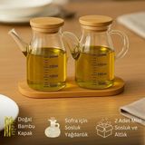 Mini Yağdanlık ve Sosluk Seti, Bambu Stantlı ve Vakumlu Bambu Kapaklı, 2'li 200 ml Salata Seti - Şeffaf