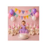 Minia Pembe Doğum Günü Parti Süs Seti | Happy Birthday Banner, 10Adet Oyuncak Şapkası, Pasta Mumu ve Balon Seti
