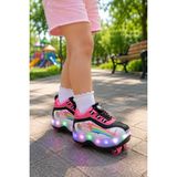 Minibonito Çocuk Şarj Edilebilir LED Işıklı Paten Ayakkabı Düğmeli Açılır Tekerlekli - Pembe - 30